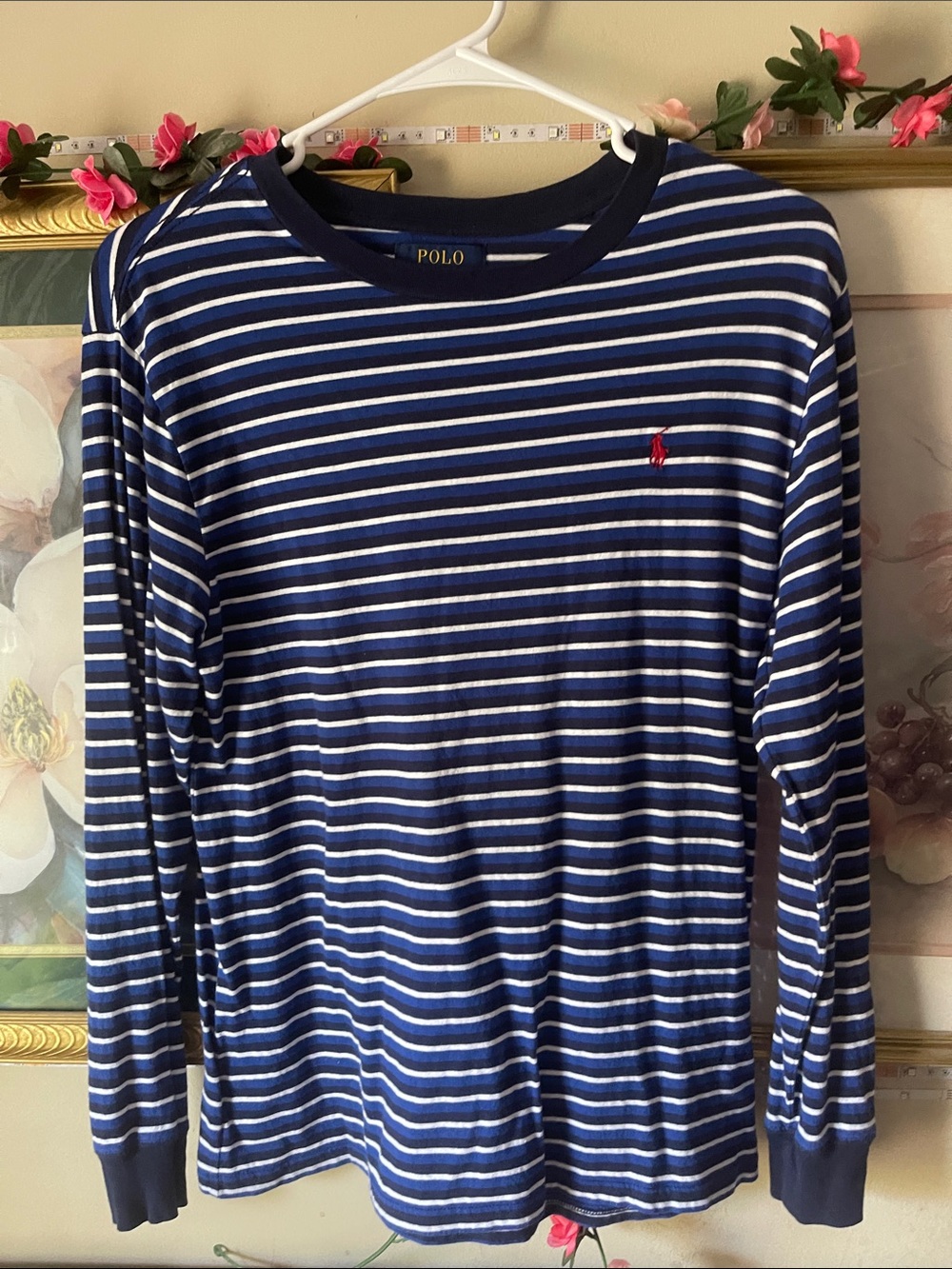 Polo by Ralph Lauren Blue & White Striped Long-Sleeve Tee with Red Pony